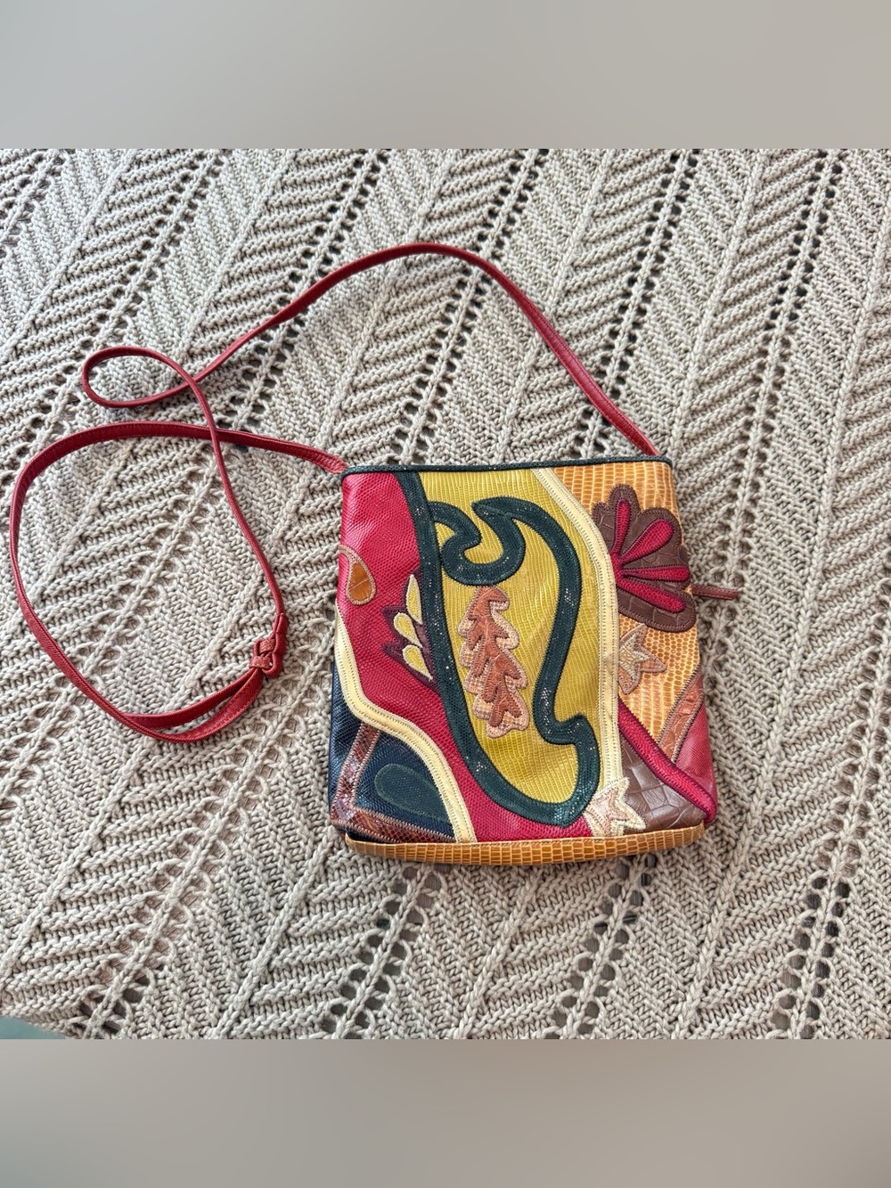 Vintage Sharif Multicolor Leather Patchwork Crossbody Bag Boho Art to Wear